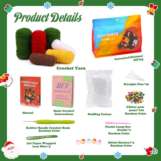 Christmas Wreath DIY Crochet Kit for Beginners with Step-by-Step Video Tutorials Gift for Adults and