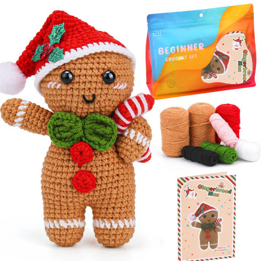 Christmas Gingerbread Man DIY Crochet Kit for Beginners with Step-by-Step Video Tutorials Gifts for Adults